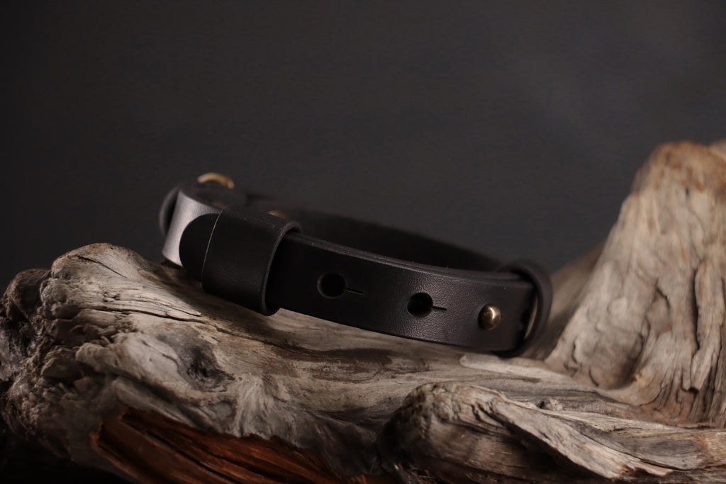 Back of black leather cat collar showing adjustable snap sizing system.