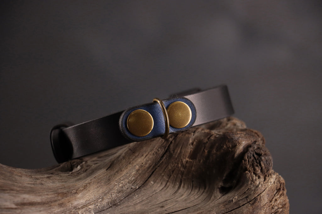 Cobalt leather cat ID charm with antique bronze D-ring on black leather collar.
