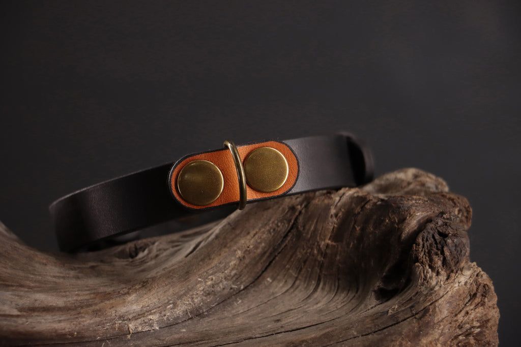 Cognac leather cat charm with antique bronze D-ring on black leather collar.