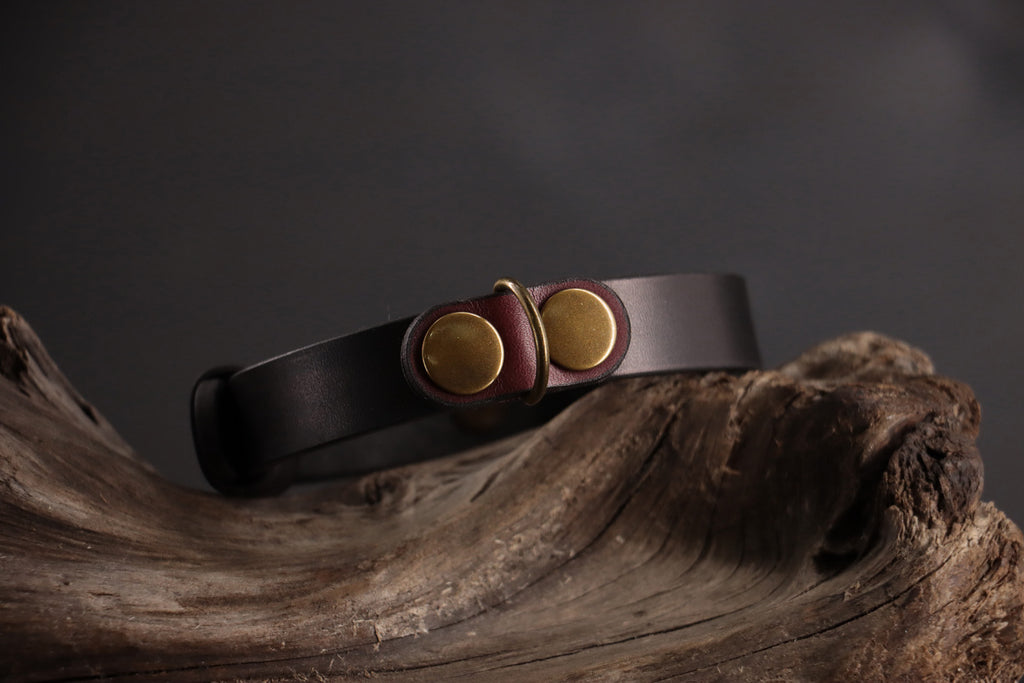 Oxblood leather cat ID charm on black leather collar with antique bronze D-ring.