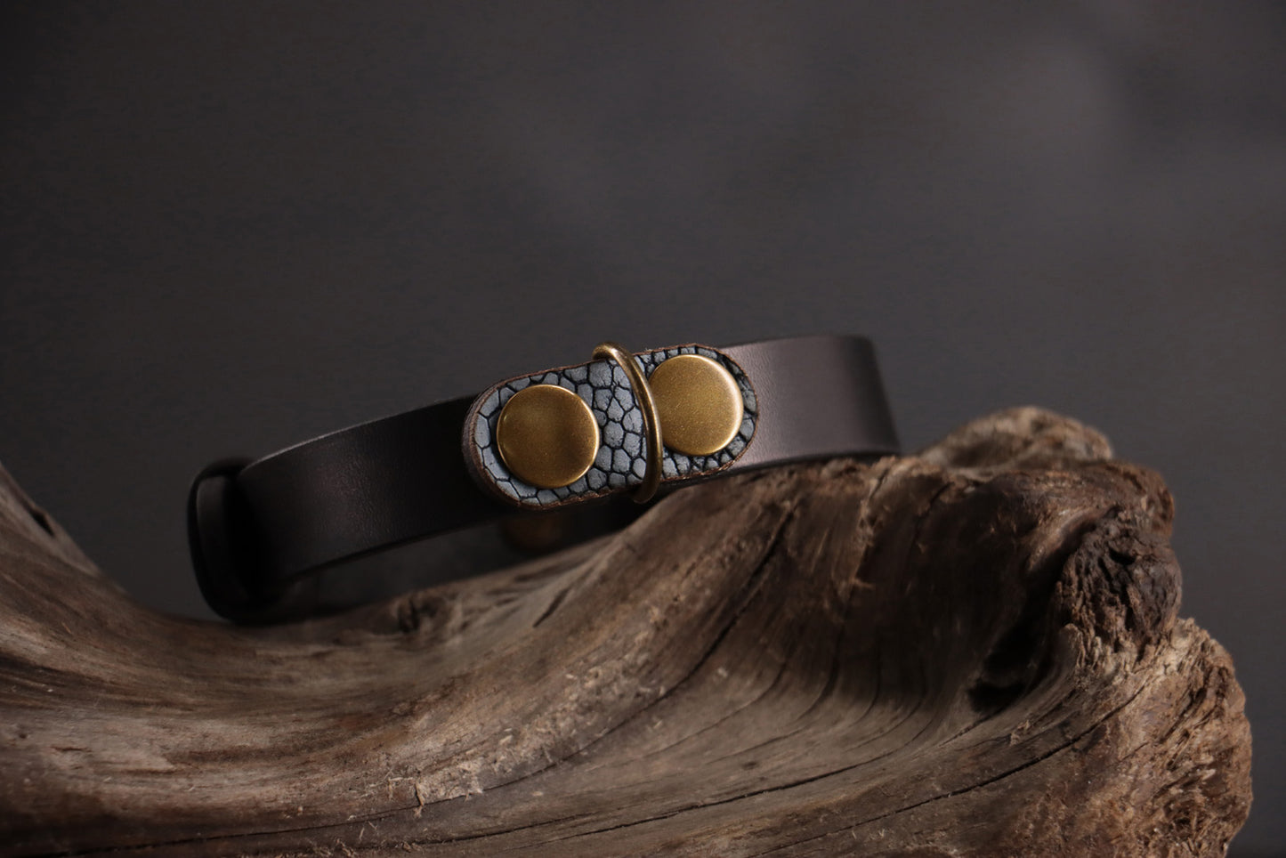 Blue ostrich leather charm with bronze D-ring on black leather collar.